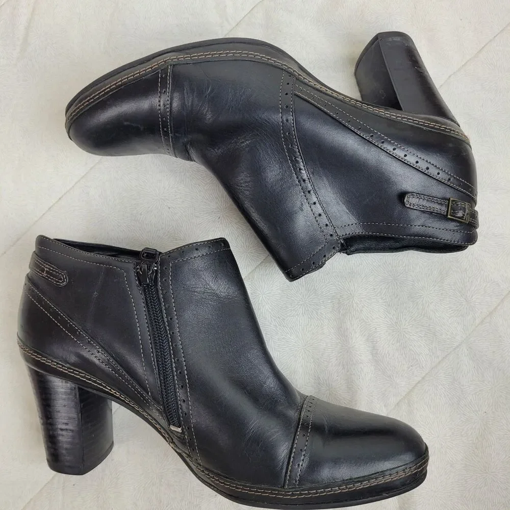 Clarks Artisan Black Leather Cap Toe Ankle Bootie Heels Zipper Womens 10M casual